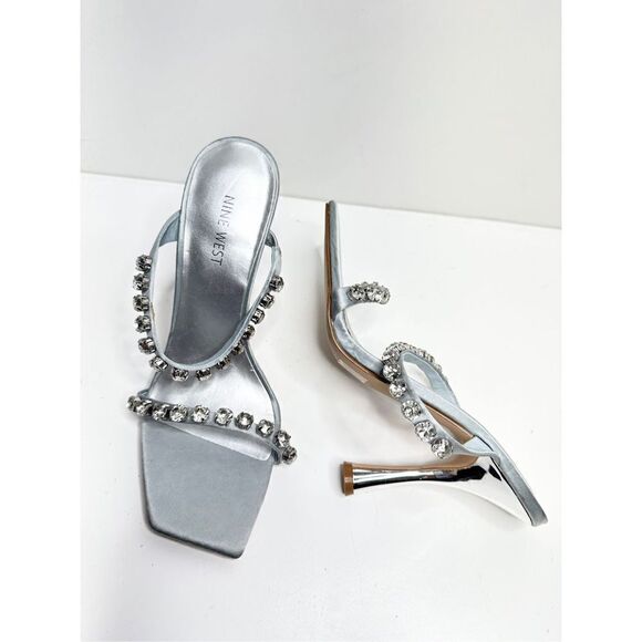 Nine‎ West Aria Dress Sandals Womens Size 9 Silver Studded Straps Square Toe - Picture 7 of 12